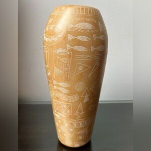 Vintage Handmade, Carved Stone Vase with Intricate Patterns.